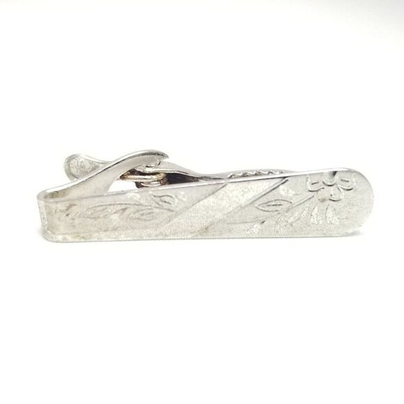 Vintage Sterling Silver Tie Bar Tie Clip, Floral Etched Design, Retro Estate - Picture 5 of 6